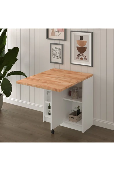 Masif Ahşap Tablalı Katlanır Masa - Çalışma Yemek Mutfak Masası ASRA TREND KM-27 KAYIN - Resim 2