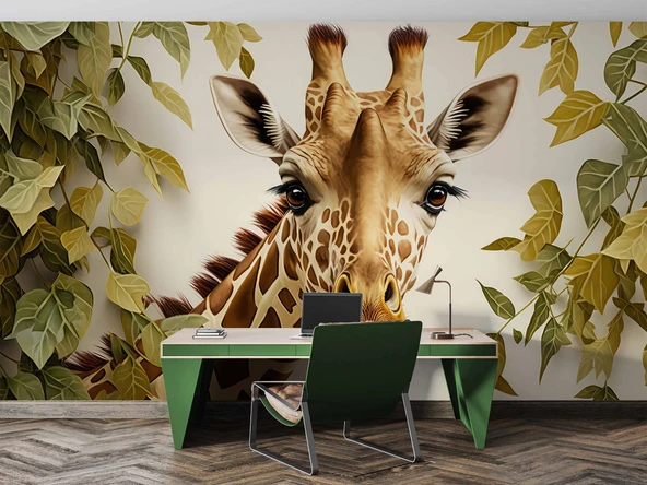 Yaprak ve Zürafa Duvar Kağıdı Baskı - Resim 3