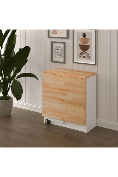 Masif Ahşap Tablalı Katlanır Masa - Çalışma Yemek Mutfak Masası ASRA TREND KM-26 ÇAM - Resim 2