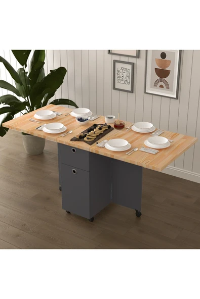 Masif Ahşap Tablalı Antrasit Gövde Katlanır Masa - Çalışma Yemek Mutfak Masası ASRA TREND KM-24 ÇAM ürün görseli