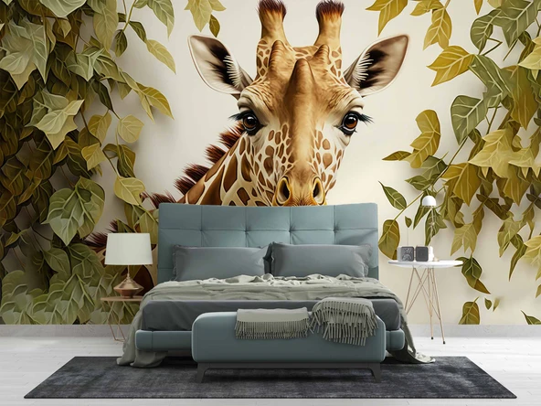 Yaprak ve Zürafa Duvar Kağıdı Baskı - Resim 2