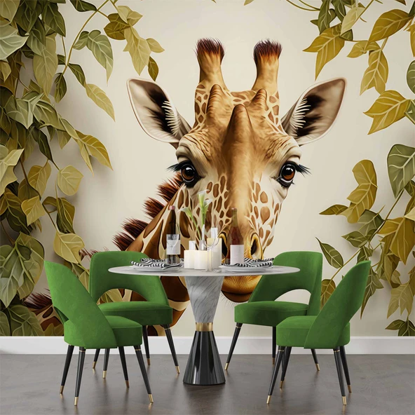 Yaprak ve Zürafa Duvar Kağıdı Baskı - Resim 4