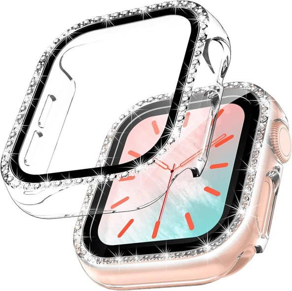 Apple Watch 44mm Ekran Koruyuculu Tek Sıra Kenar Taşlı Sert PC Kasa Koruyucu - Resim 4