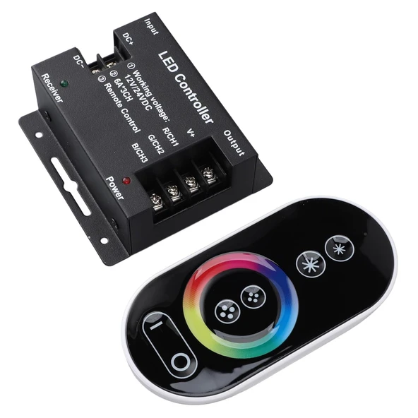 Dokunmatik Kumandalı RGB Şerit Led Kontrol Devresi cihaz 644-TOU-RF-RGB18A Siyah 432W 12-24V uzaktan kumanda RF