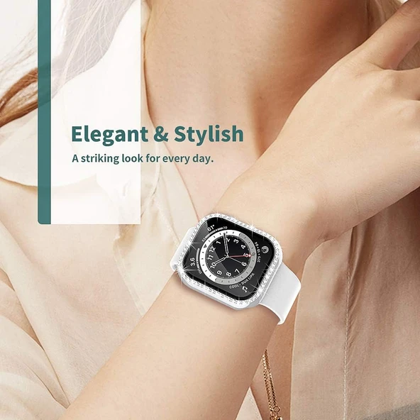 Apple Watch 44mm Ekran Koruyuculu Tek Sıra Kenar Taşlı Sert PC Kasa Koruyucu - Resim 11