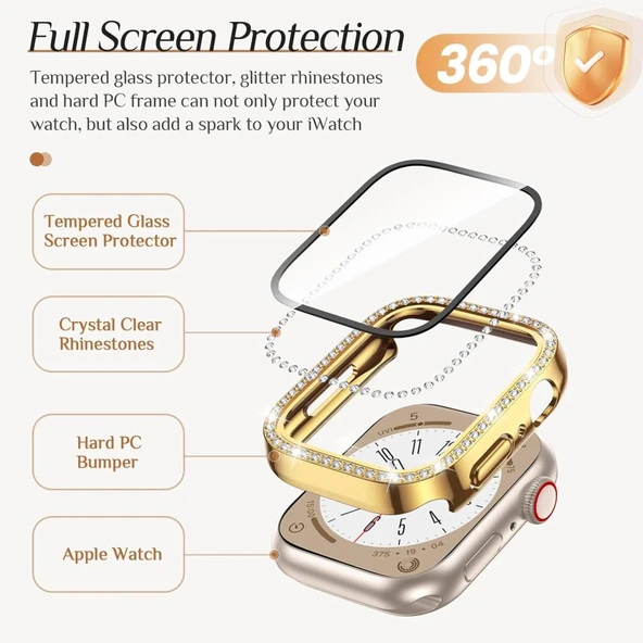 Apple Watch 44mm Ekran Koruyuculu Tek Sıra Kenar Taşlı Sert PC Kasa Koruyucu - Resim 8