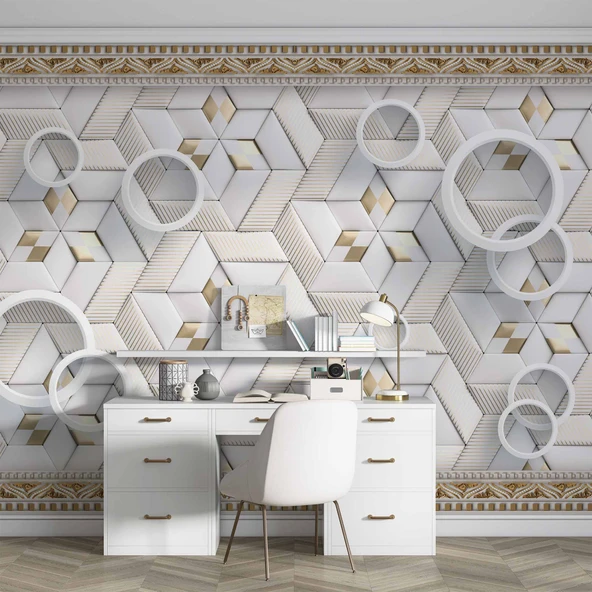3D Geometri Mozaik Motifli Duvar Kağıdı Baskı - Resim 4