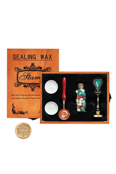 Antik Mühür 3 Balmumu Wax Eritme Kaşık 5 Parça Tahta Kutulu Hediyelik Set