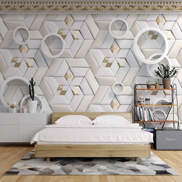 3D Geometri Mozaik Motifli Duvar Kağıdı Baskı - Resim 2
