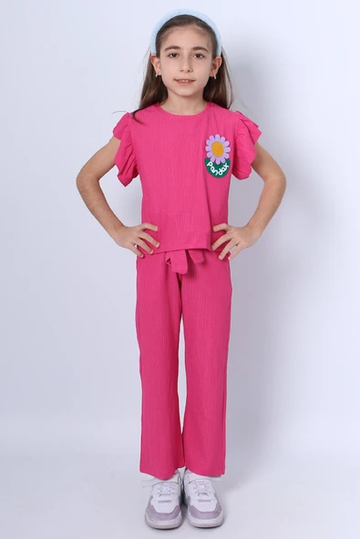 KIZ ÇOCUK İKİLİ TAKIM FIRFIRLI PAPATYA NAKIŞLI F21 ürün görseli