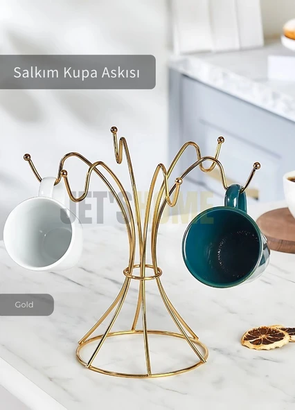 Fincan ve Kupa Askısı Paslanmaz Tezgah Üstü Bardak Düzenleyici Askılığı Çelik Gold