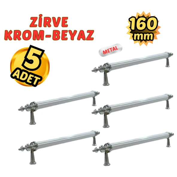5 Adet Metal Zirve Mobilya Çekmece Dolap Kulpu Krom-Beyaz 160mm