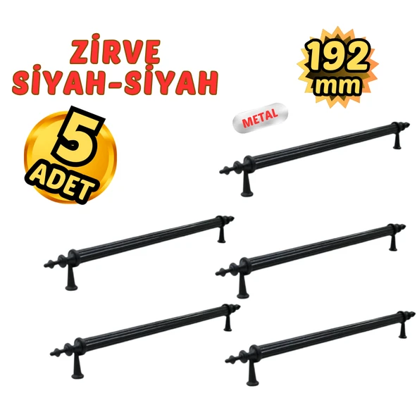 5 Adet Metal Zirve Mobilya Çekmece Dolap Kulpu Siyah-Siyah 192mm