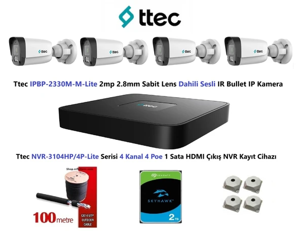 Ttec 2mp Mikrofonlu 4 Kameralı 2TB Disk Tak Çalıştır Hazır IP Kamera Seti ürün görseli 1