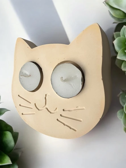 Sarı Kedi Şekilli Beton Mumluk - El Yapımı Dekoratif Çay Işığı tealight Mumluk - Minimalist Kedi Temalı Ev Dekoru- Aromaterapi - 5