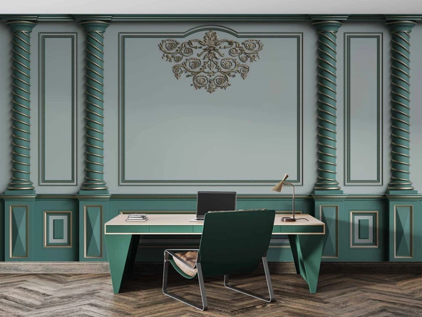 3D Altın Sütun Yeşil Panel Duvar Kağıdı Baskı - 4