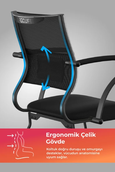 Ergolife Sit Air Bekleme Koltuğu | Metal Ayaklı, Bel Destekli, Fileli, Siyah, Toplantı Sandalyesi -572.60.1.6A5 - 2