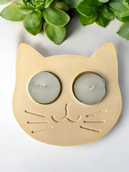Sarı Kedi Şekilli Beton Mumluk - El Yapımı Dekoratif Çay Işığı tealight Mumluk - Minimalist Kedi Temalı Ev Dekoru- Aromaterapi - 2