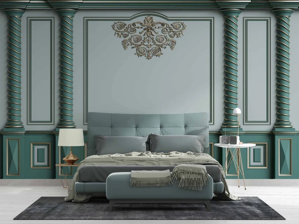 3D Altın Sütun Yeşil Panel Duvar Kağıdı Baskı - 2