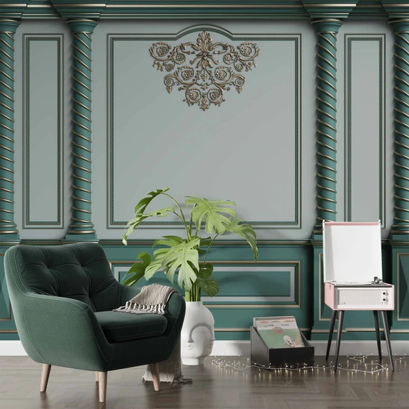 3D Altın Sütun Yeşil Panel Duvar Kağıdı Baskı - 6