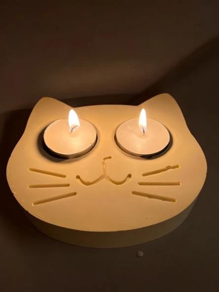 Sarı Kedi Şekilli Beton Mumluk - El Yapımı Dekoratif Çay Işığı tealight Mumluk - Minimalist Kedi Temalı Ev Dekoru- Aromaterapi - 4