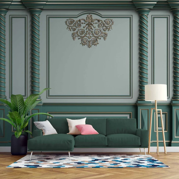 3D Altın Sütun Yeşil Panel Duvar Kağıdı Baskı