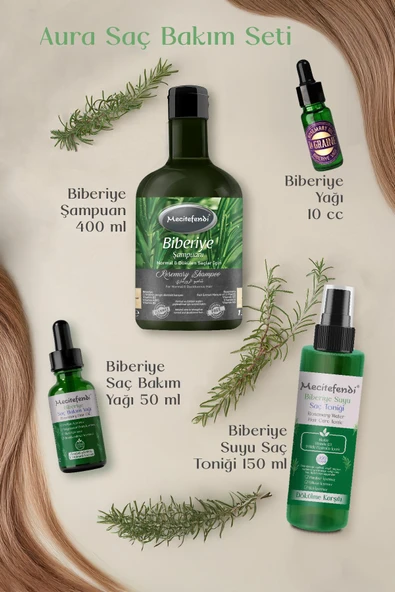 Biberiye Saç Bakım Seti Aura - Biberiye Şampuanı 400 ML + Biberiye Serumu 50 ML + Biberiye Suyu Saç Toniği 150 ML + Biberiye Yağı 10 ML - 4