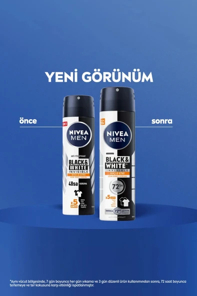 NIVEA MEN Erkek Sprey Deodorant Black&White Invisible Güçlü Etki 150ml, 72 Saat Anti-perspirant Ter Koruma - Resim 2