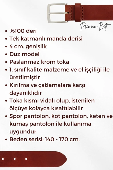 Battal Boy Hakiki Deri 4 cm. Tokalı Düz Model Spor Erkek Kemer Taba - 7