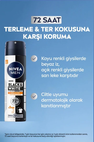 NIVEA MEN Erkek Sprey Deodorant Black&White Invisible Güçlü Etki 150ml, 72 Saat Anti-perspirant Ter Koruma - Resim 3