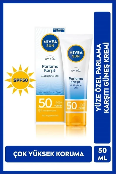 NIVEA Sun SPF50 Parlama Karşıtı & Güneş Koruyucu Yüz Güneş Kremi 50 ml, Matlaştırıcı Etki