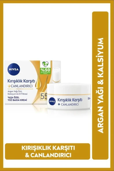 NIVEA Kırışıklık Karşıtı Yaşa Özel Yüz Bakım Kremi 50ml, Canlandırıcı, Argan Yağı, Kalsiyum, Uv Filtresi - 1