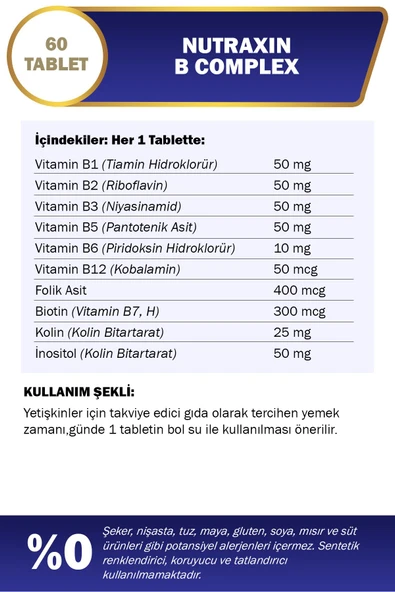 NUTRAXİN B Complex Vitamin 60 Kapsül B1, B2, B3, B5, B6, B12, Biotin - 2