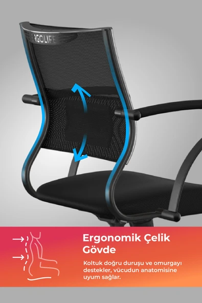 Ergolife Sit Air Ofis Koltuğu | Tekerlekli, Yükseklik Ayarlı, Fileli, Siyah, Bilgisayar Sandalyesi -572.60.1.222 - 2