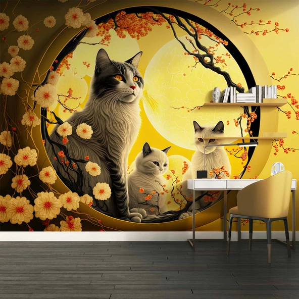 Çiçek ve Kediler Duvar Kağıdı Baskı - Resim 3