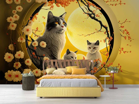 Çiçek ve Kediler Duvar Kağıdı Baskı - Resim 2