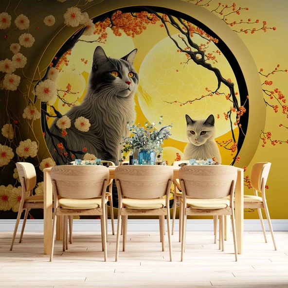 Çiçek ve Kediler Duvar Kağıdı Baskı - Resim 5