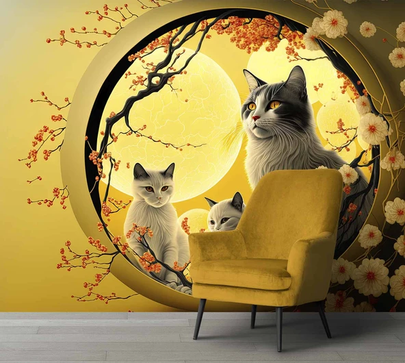 Çiçek ve Kediler Duvar Kağıdı Baskı - Resim 4