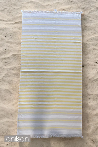 Sarı Beyaz Çizgili Plaj Havlusu %100 Pamuk 75x150