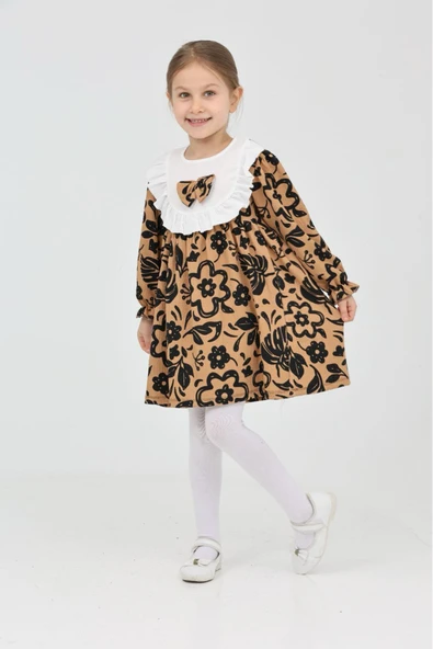 Kız Çocuk Yaka ve Fiyonk Detaylı Çiçek Desenli Bürümcük Elbise 12187