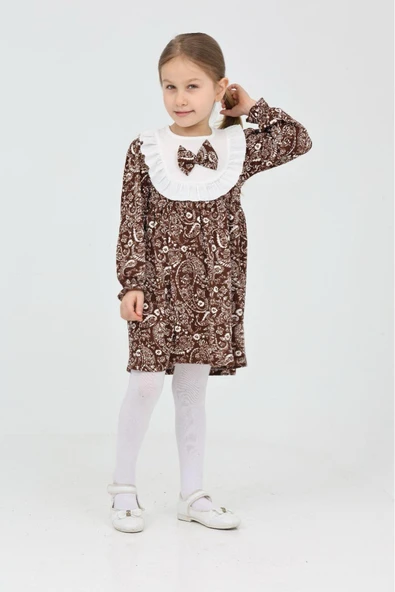 Kız Çocuk Bürümcük Kumaş Yaka ve Fiyonk Detaylı Elbise 12188 - 3