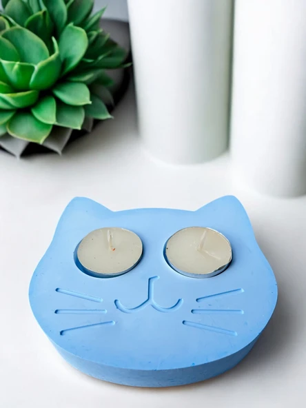 Mavi Kedi Şekilli Beton Mumluk - El Yapımı Dekoratif Çay Işığı tealight Mumluk - Minimalist Kedi Temalı Ev Dekoru- Aromaterapi - 4