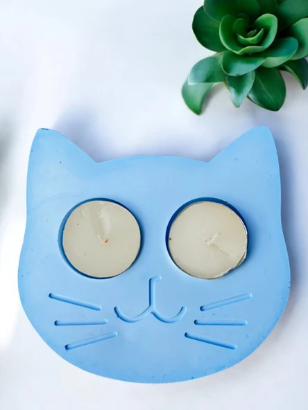 Mavi Kedi Şekilli Beton Mumluk - El Yapımı Dekoratif Çay Işığı tealight Mumluk - Minimalist Kedi Temalı Ev Dekoru- Aromaterapi - 1