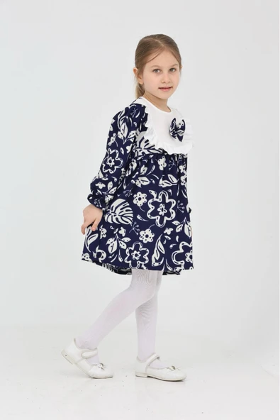 Kız Çocuk Yaka ve Fiyonk Detaylı Çiçek Desenli Bürümcük Elbise 12187 - 3