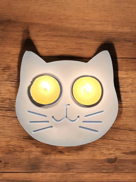 Mavi Kedi Şekilli Beton Mumluk - El Yapımı Dekoratif Çay Işığı tealight Mumluk - Minimalist Kedi Temalı Ev Dekoru- Aromaterapi - 6
