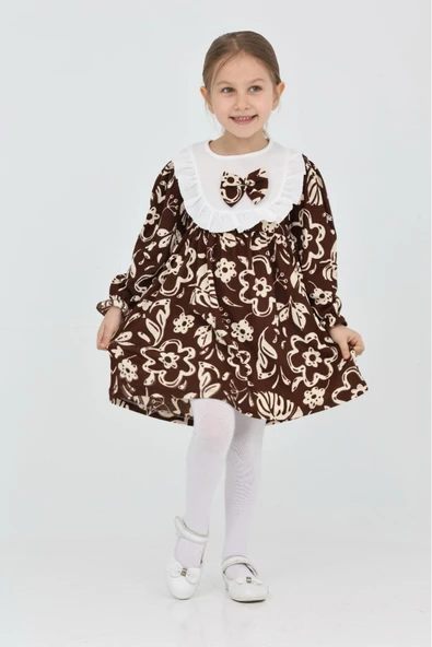 Kız Çocuk Yaka ve Fiyonk Detaylı Çiçek Desenli Bürümcük Elbise 12187 - 2