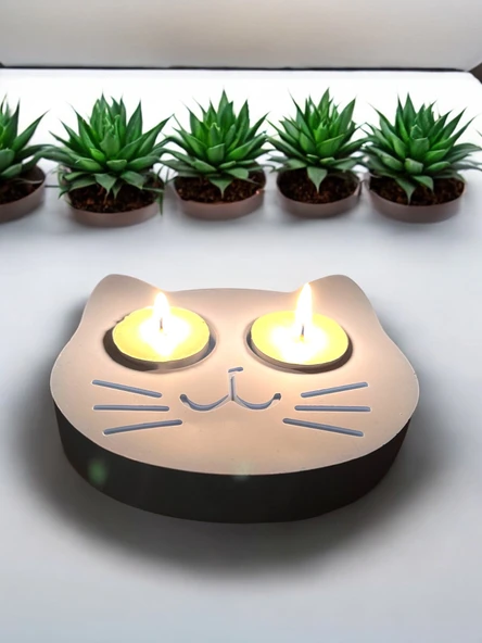 Mavi Kedi Şekilli Beton Mumluk - El Yapımı Dekoratif Çay Işığı tealight Mumluk - Minimalist Kedi Temalı Ev Dekoru- Aromaterapi - 3