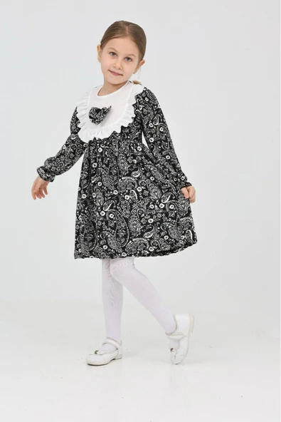 Kız Çocuk Bürümcük Kumaş Yaka ve Fiyonk Detaylı Elbise 12188 - 4