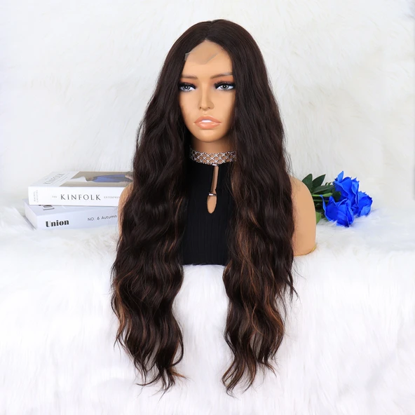 Kahverengi Karamel Işıltılı Su Dalgalı Fiber Sentetik Tül Peruk - Resim 3