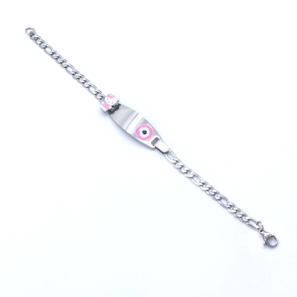 316L Çelik Pembe Nazar Boncuklu Hello Kitty Çocuk Bileklik BLK-961 - Resim 3